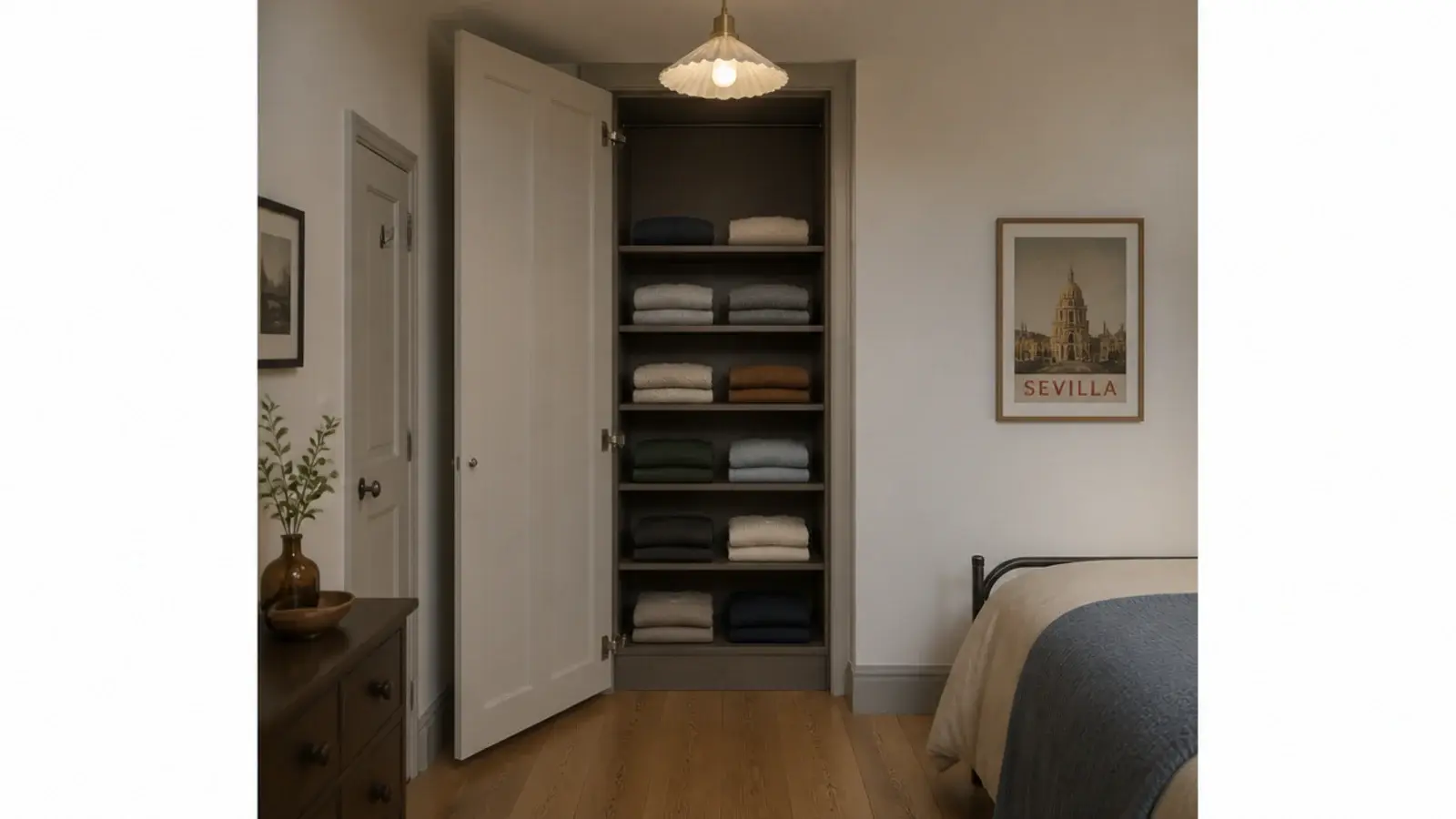 wardrobe door swinging clear beneath a carefully placed pendant