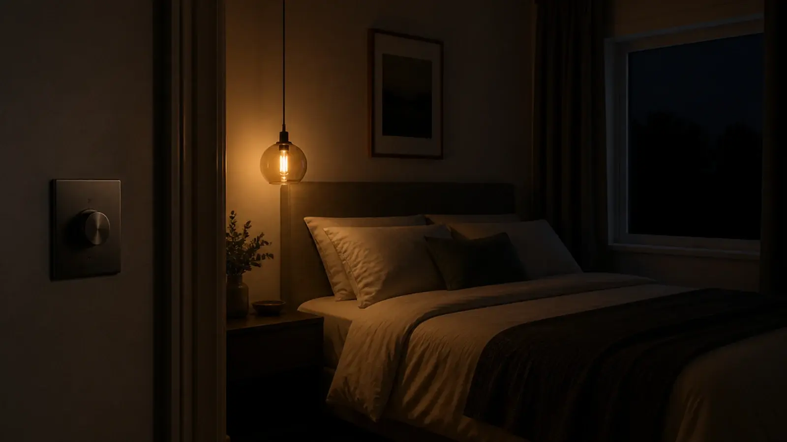 bedroom pendant glowing at very low output beside a doorway