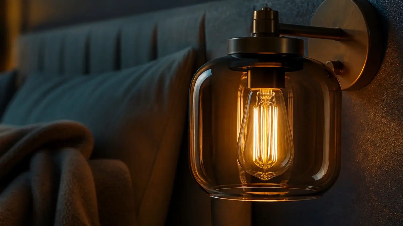 amber filament bulb glowing warmly inside a bedroom glass shade
