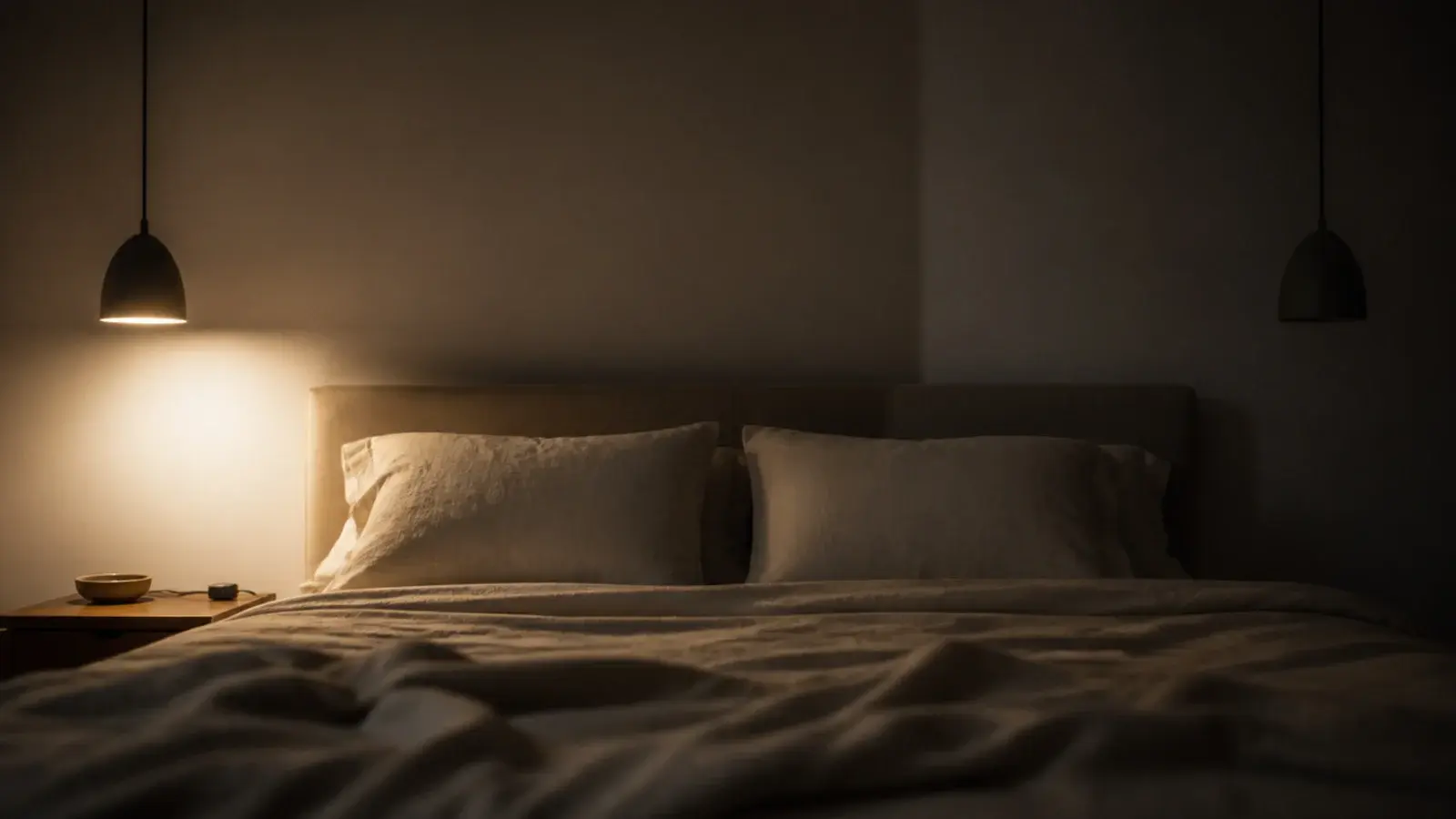 one bedside pendant lit while the matching one stays dark