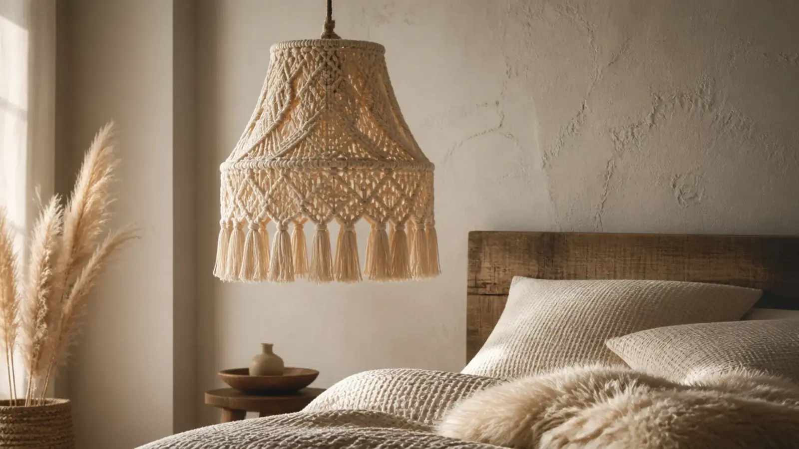 knotted cotton macrame shade hanging above a textured bedroom bed
