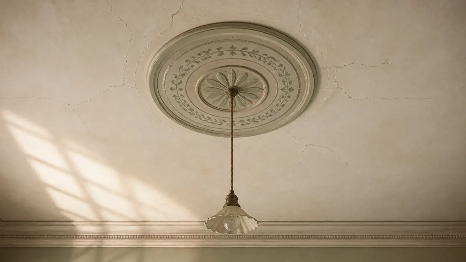 wide ceiling plate covering an old rose above a bedroom pendant