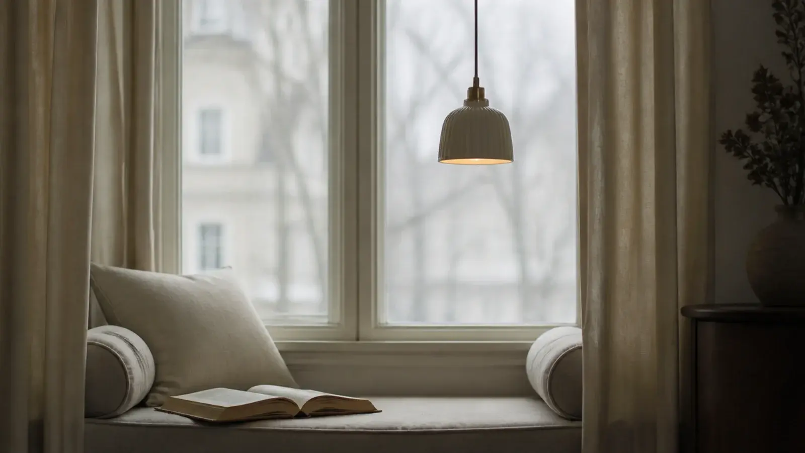 small pendant hanging above a cushioned bedroom window seat