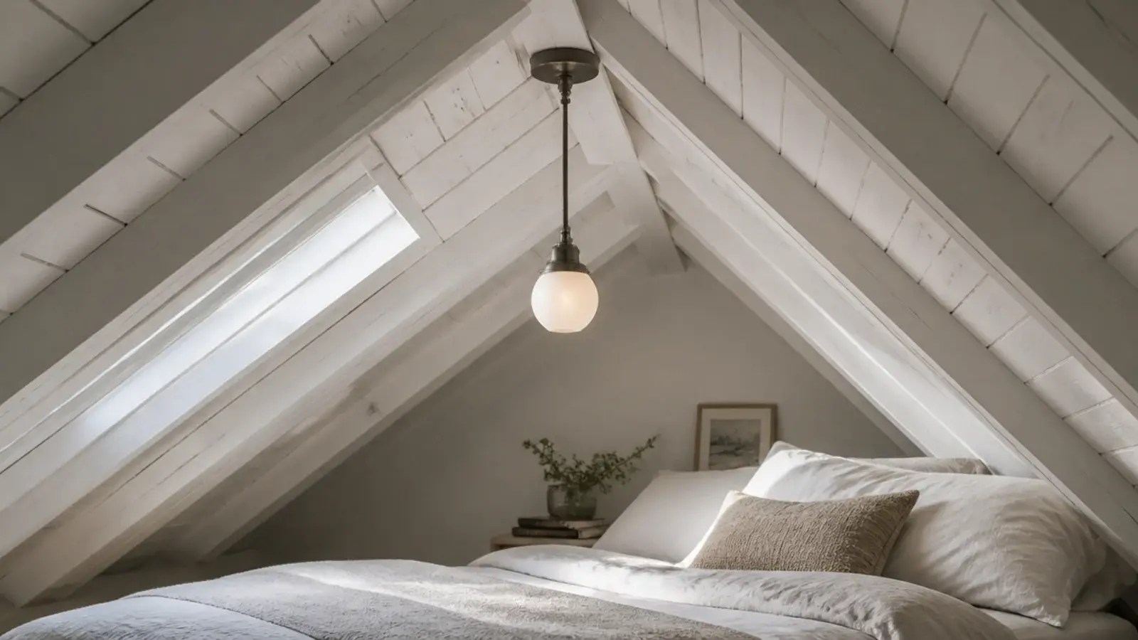 pendant hanging plumb under the slope of an attic bedroom ceiling