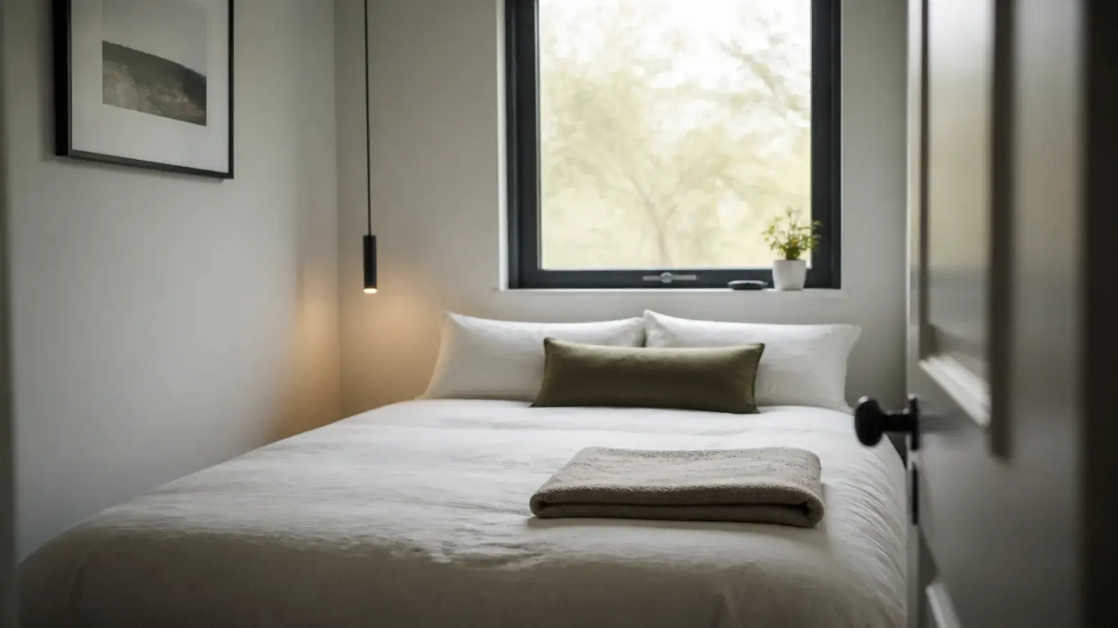 hanging light freeing the last floor space in a tiny bedroom