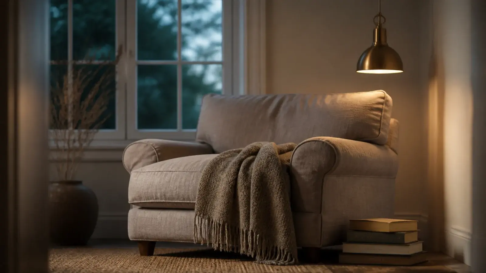 pendant hung behind the shoulder of a bedroom reading chair