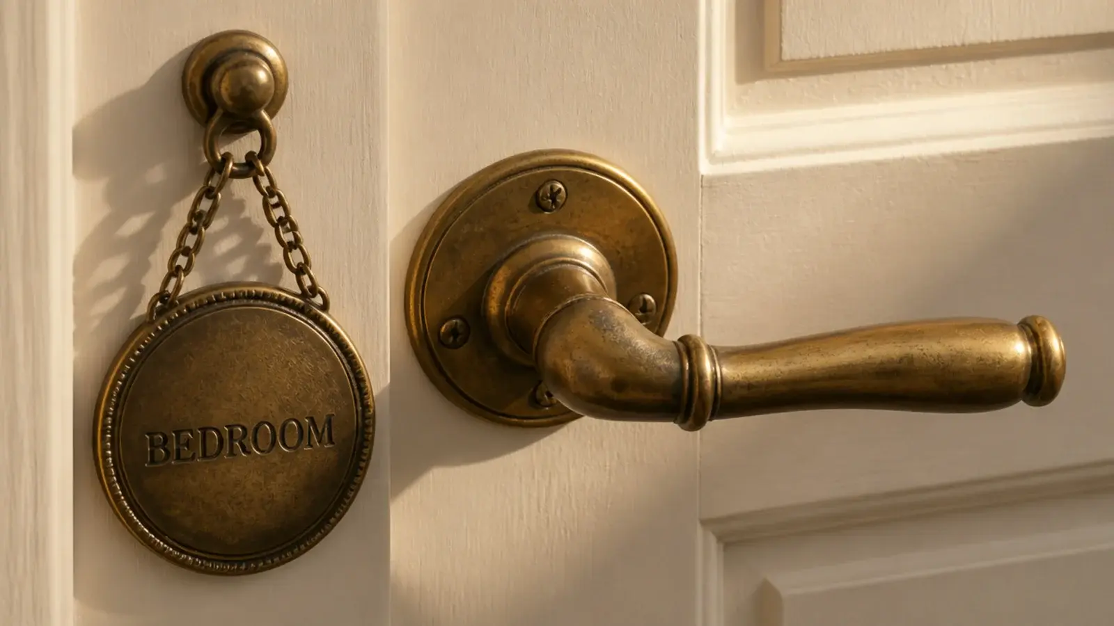 pendant fitting and bedroom door handle sharing one brass finish