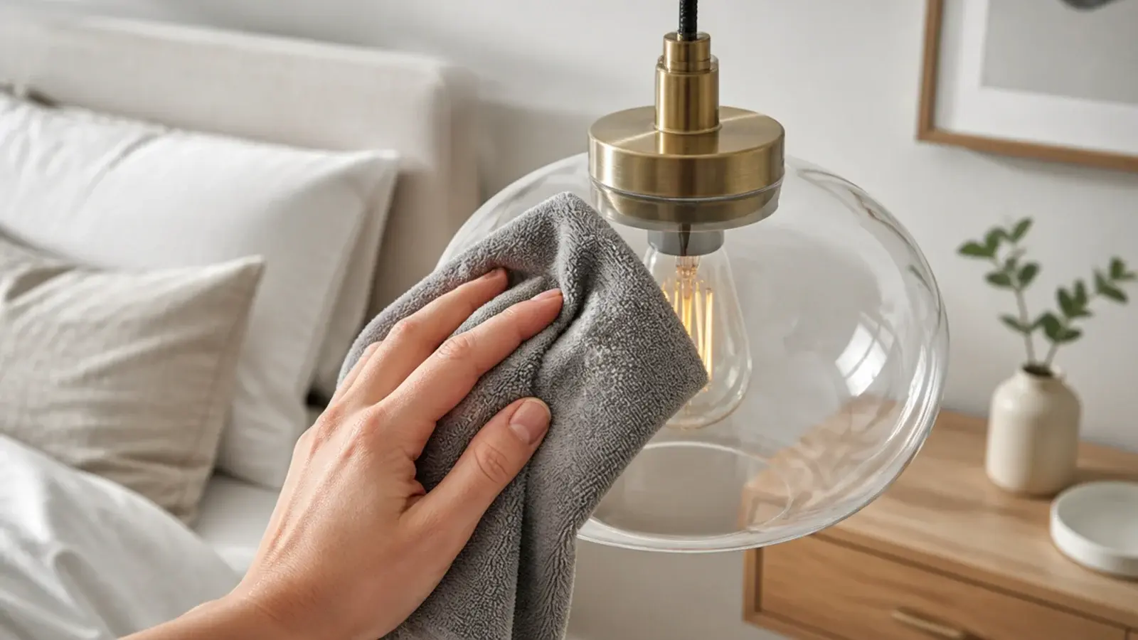 smooth glass bedroom shade being wiped clean with a cloth