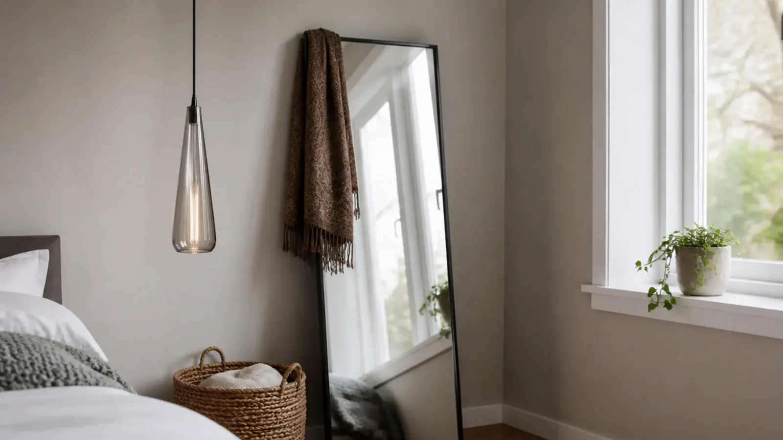 pendant placed beside a leaning full length bedroom mirror