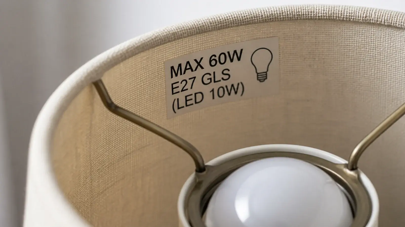 bulb rating label printed inside a fabric bedroom lamp shade