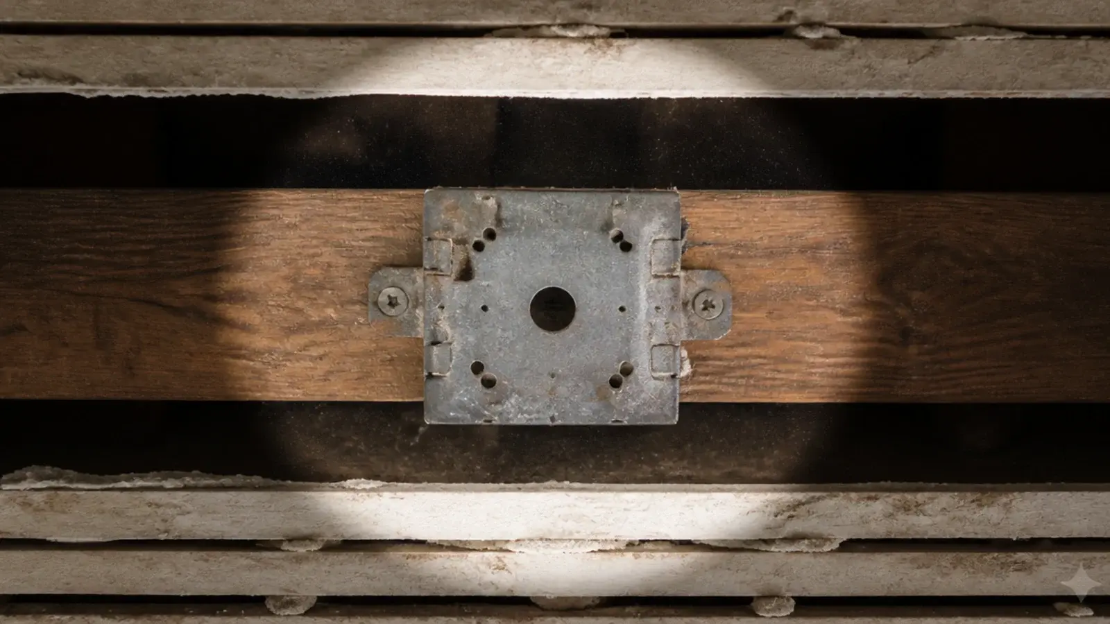 older bedroom ceiling opened to show the mounting box inside