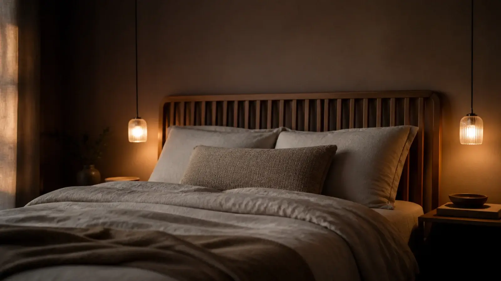 two small hanging lights glowing either side of a linen bedroom bed