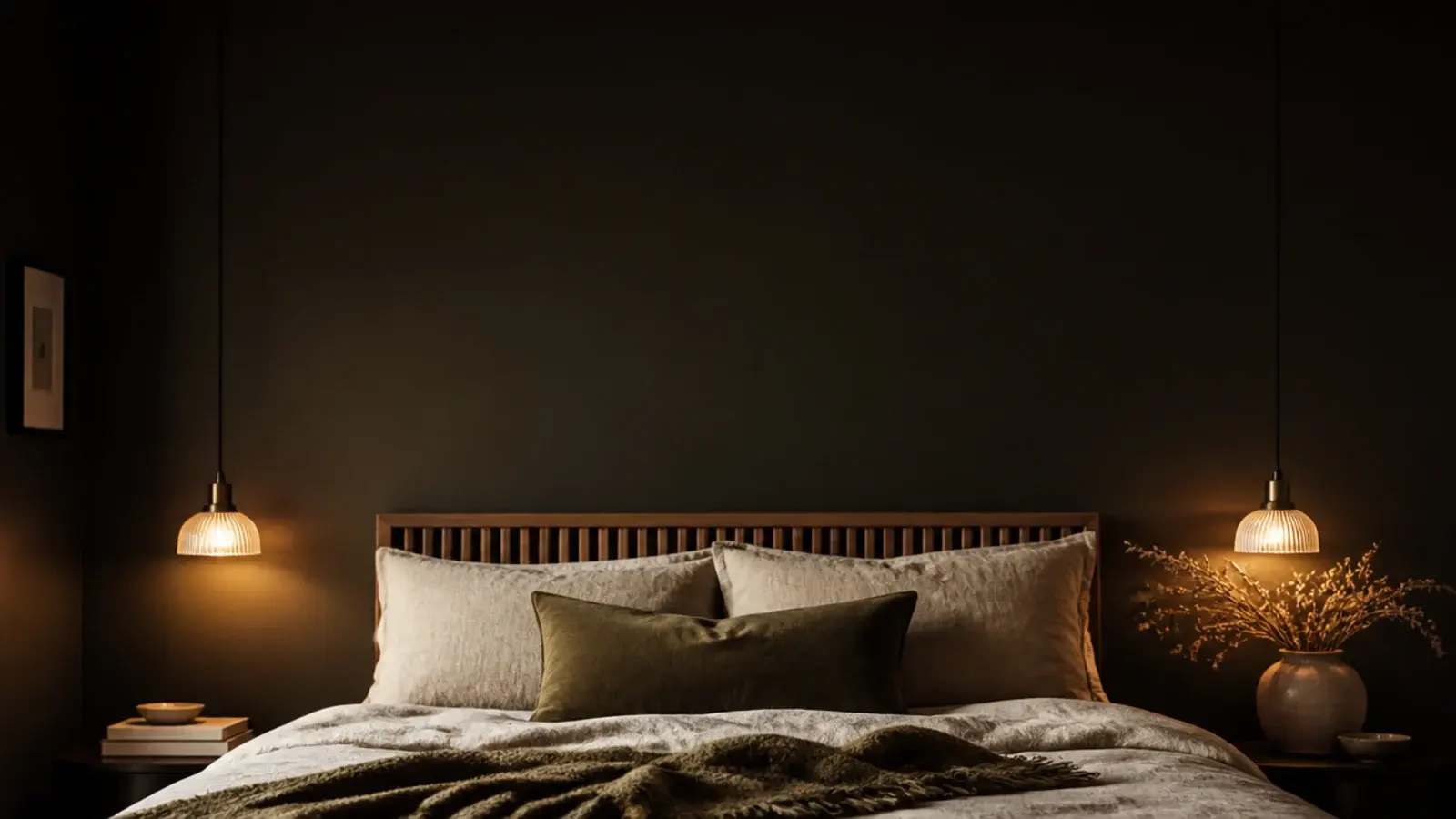 tall bedroom view with warm hanging lights above a linen dressed bed