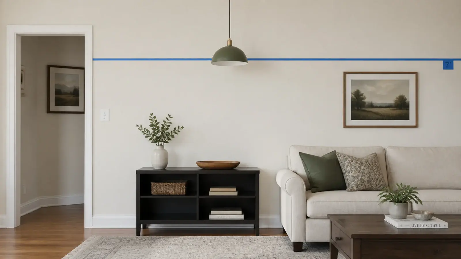 laser level line marking pendant clearance above a living room walkway