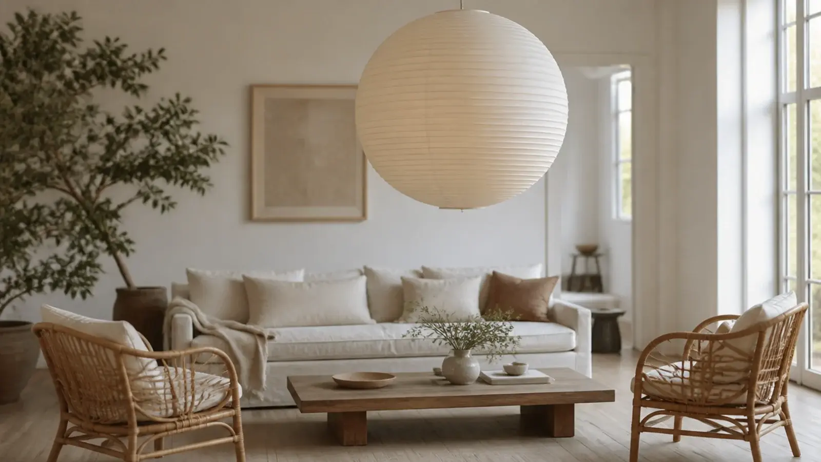 oversized paper lantern hanging above a linen sofa and armchairs