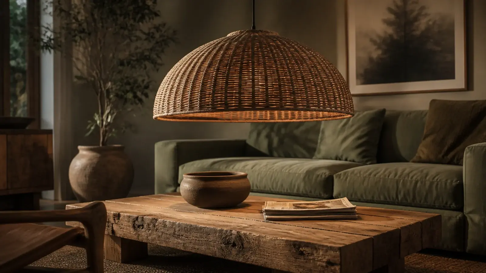 rattan dome pendant hung low over a rustic timber coffee table