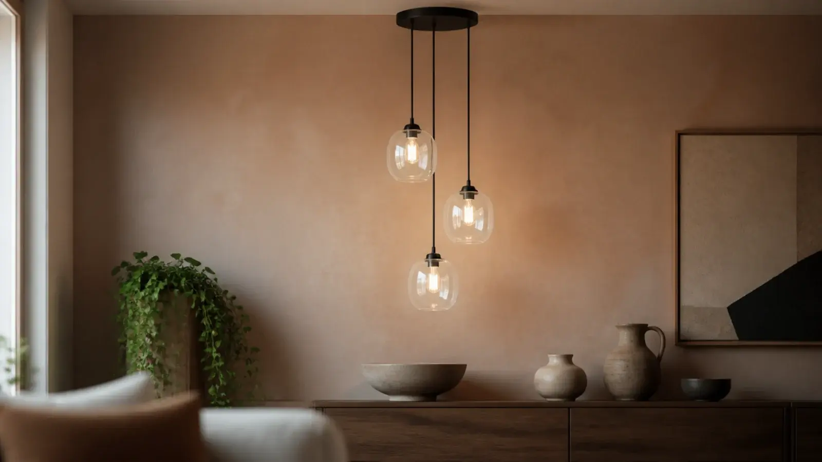 three plain glass shades clustered from a single ceiling canopy