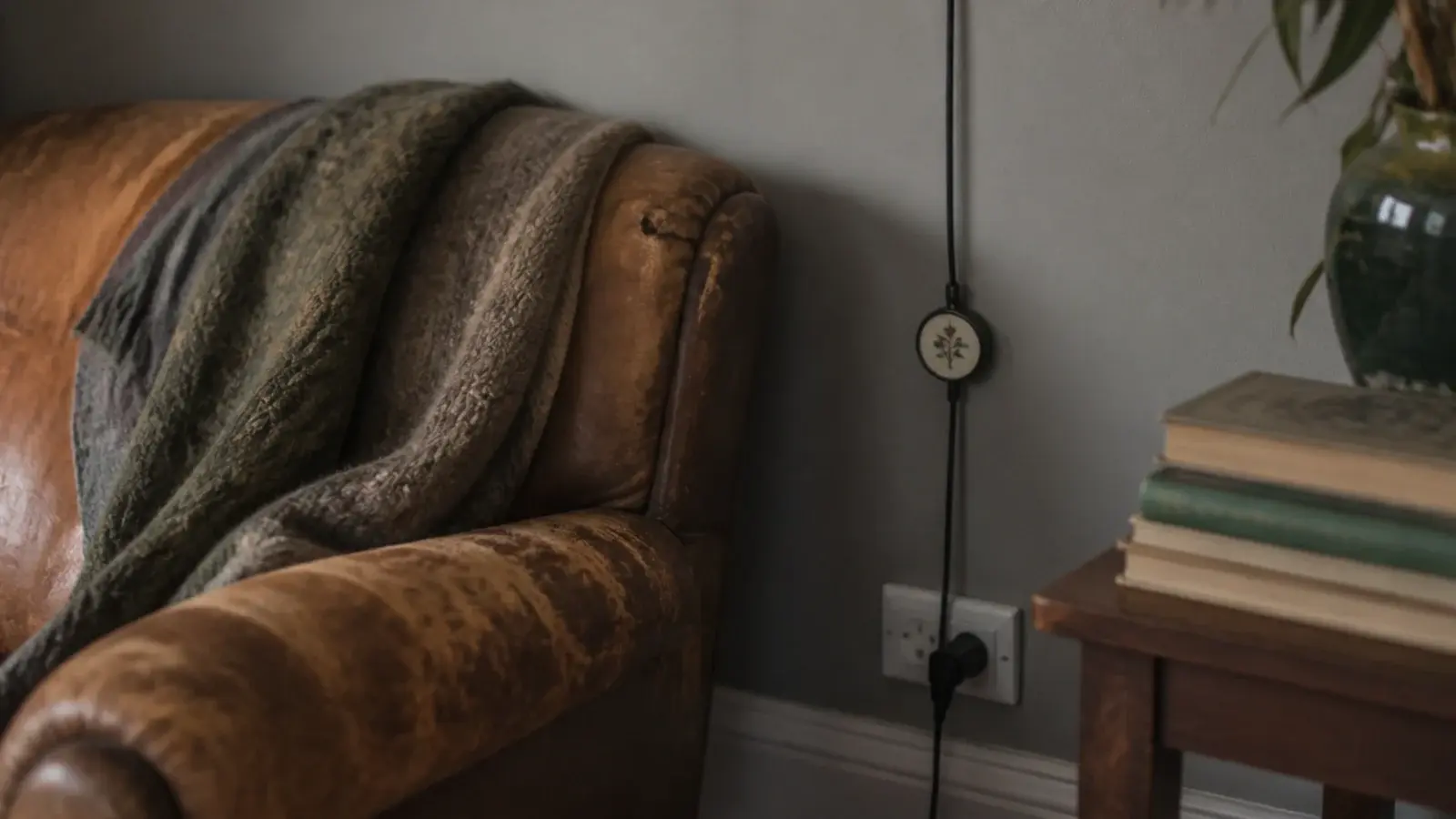 plug in pendant hanging behind a corner living room armchair