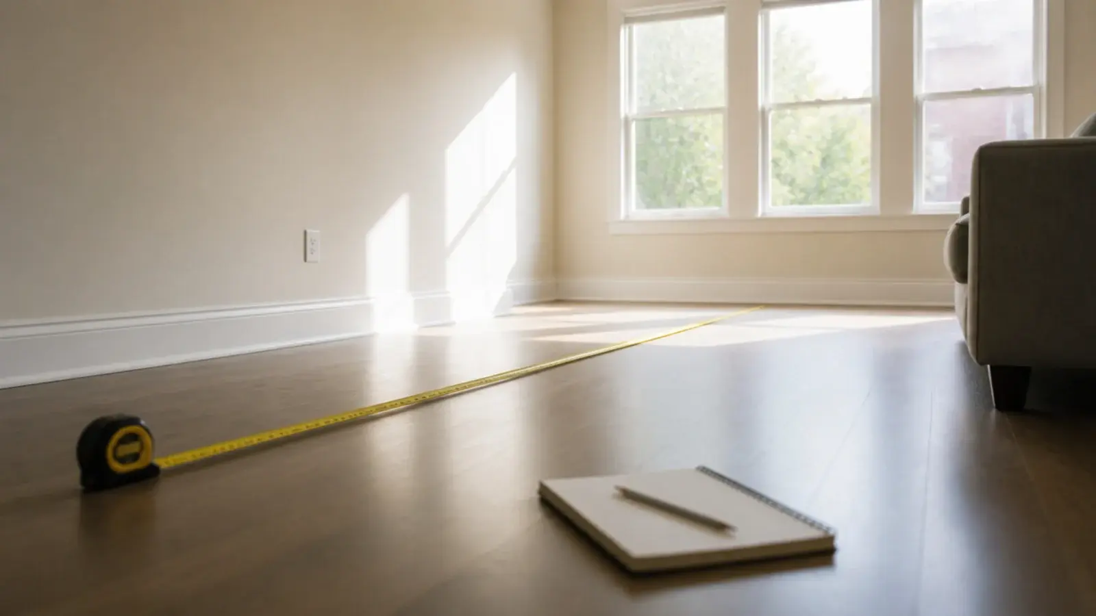tape measure stretched across a living room floor before buying