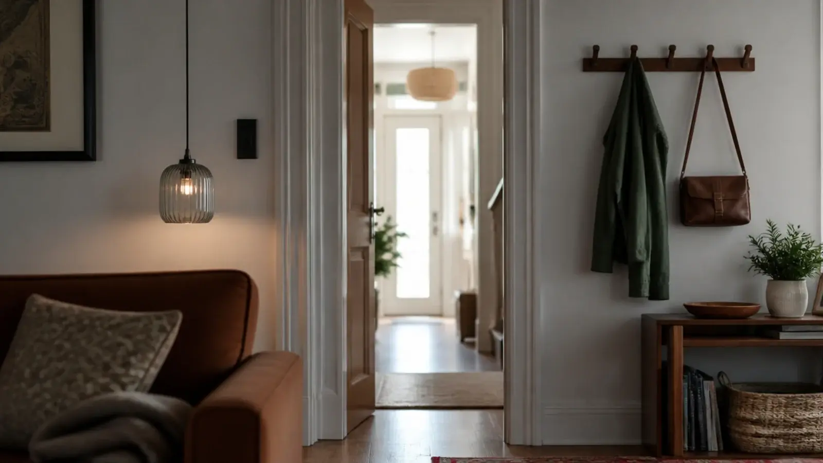 person height gap under a pendant beside a living room doorway