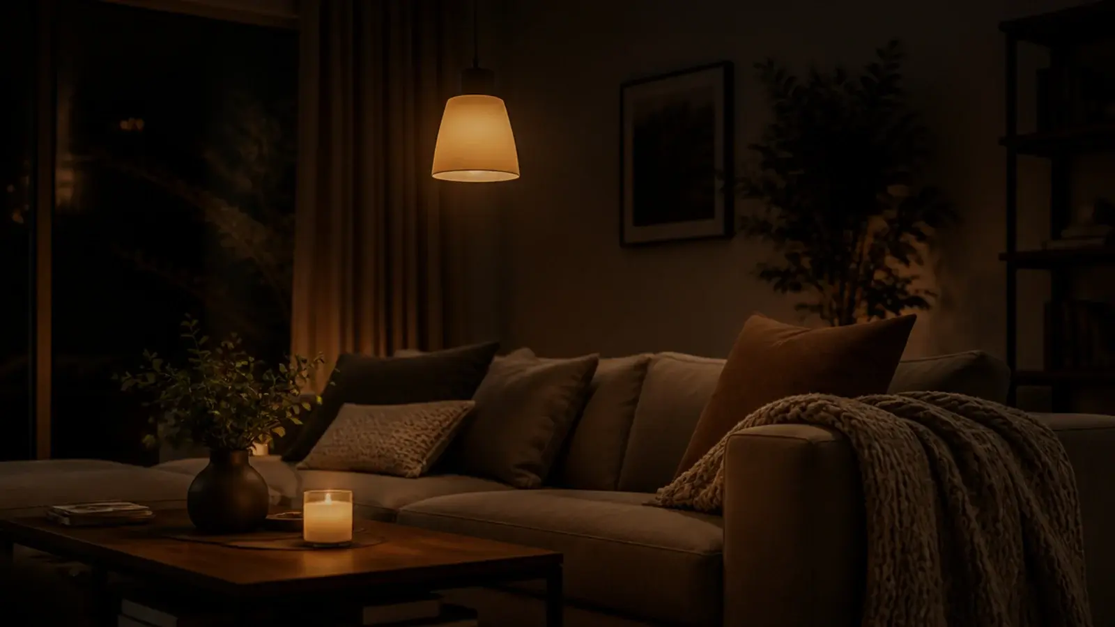 living room pendant dimmed low above an evening seating area