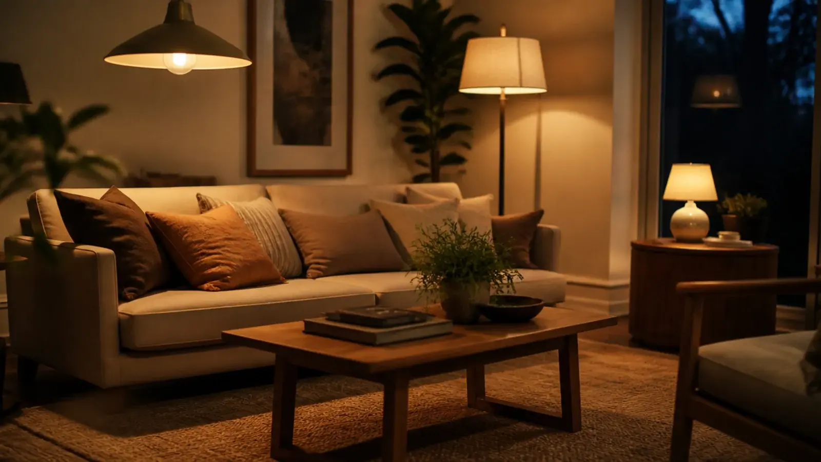 pendant floor lamp and table lamp lit together in one room