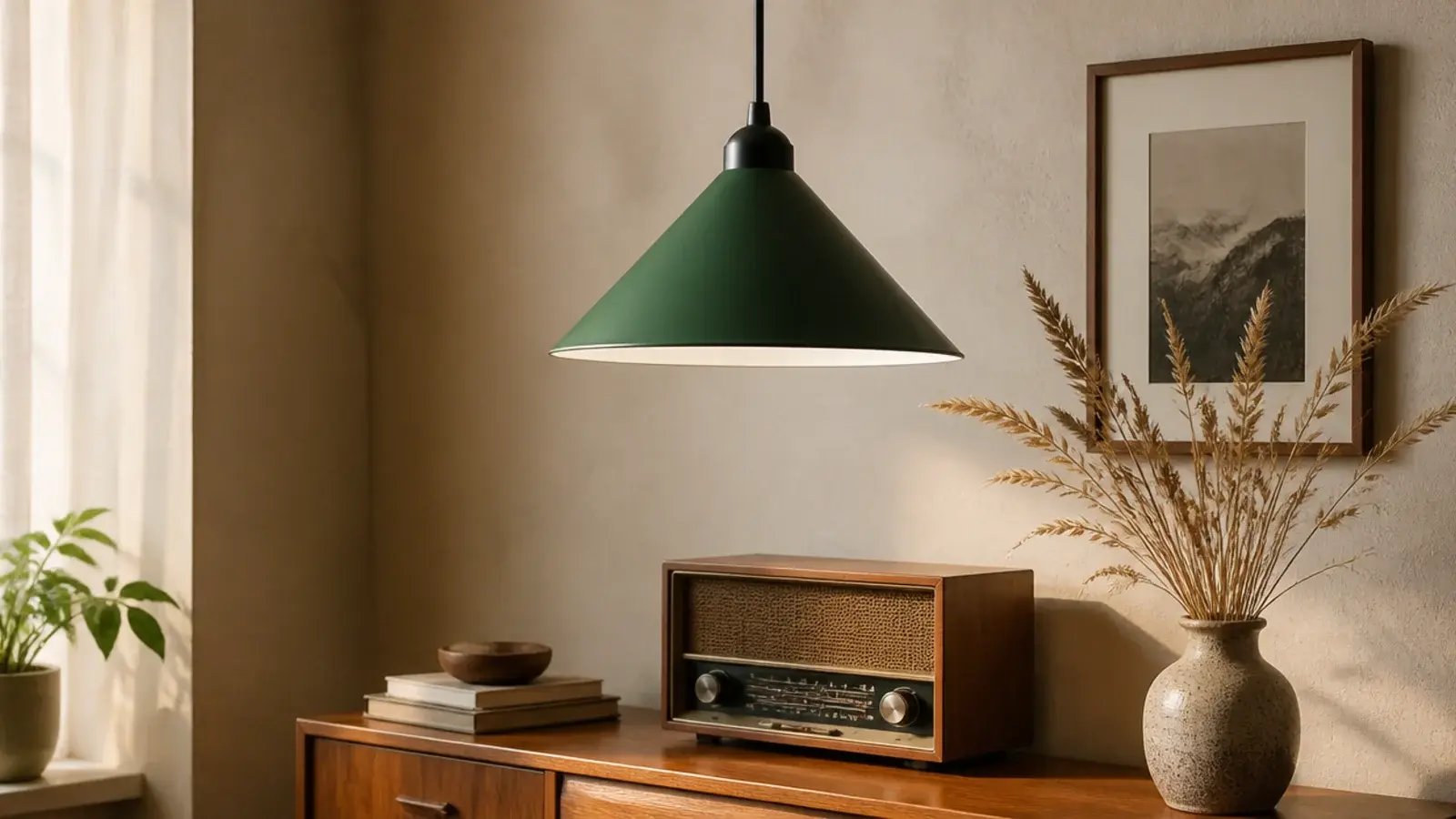 simple painted metal cone shade above a budget living room