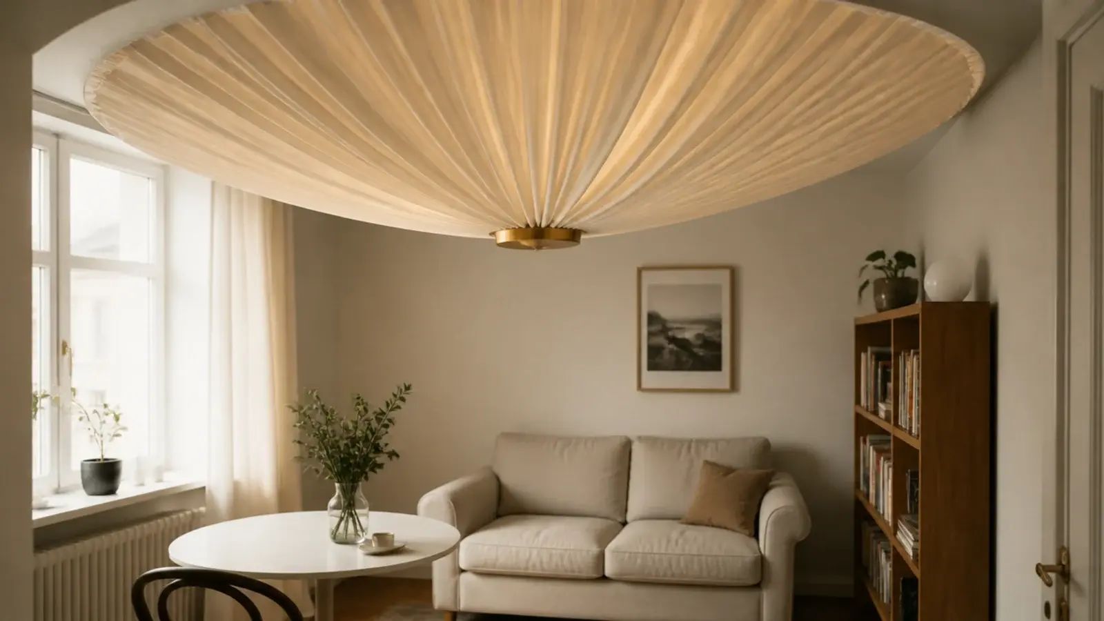 large shade dominating the ceiling of a compact living room