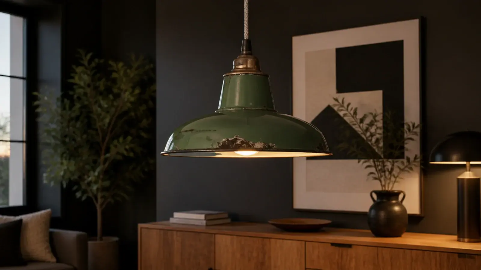 old enamel factory shade cleaned up in a modern living room