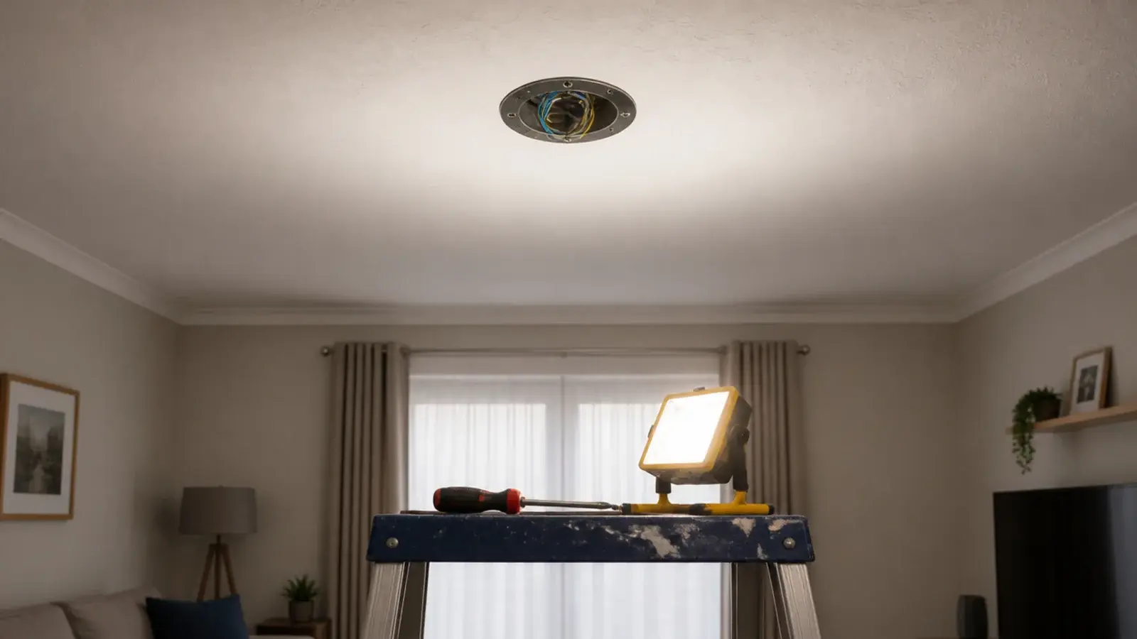 rented living room ceiling fitting removed to show the box