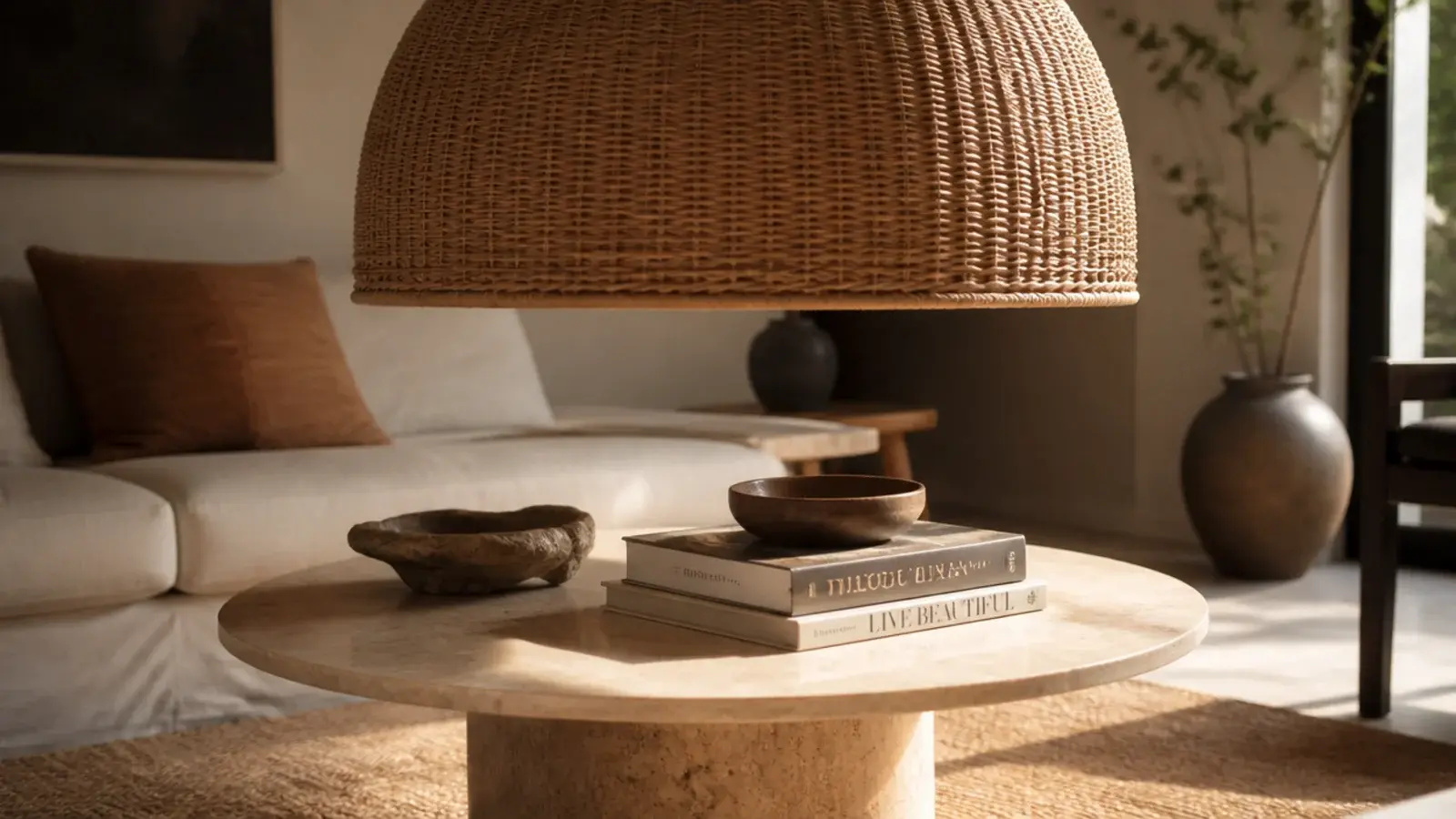 woven hanging lights above a low coffee table in a living room