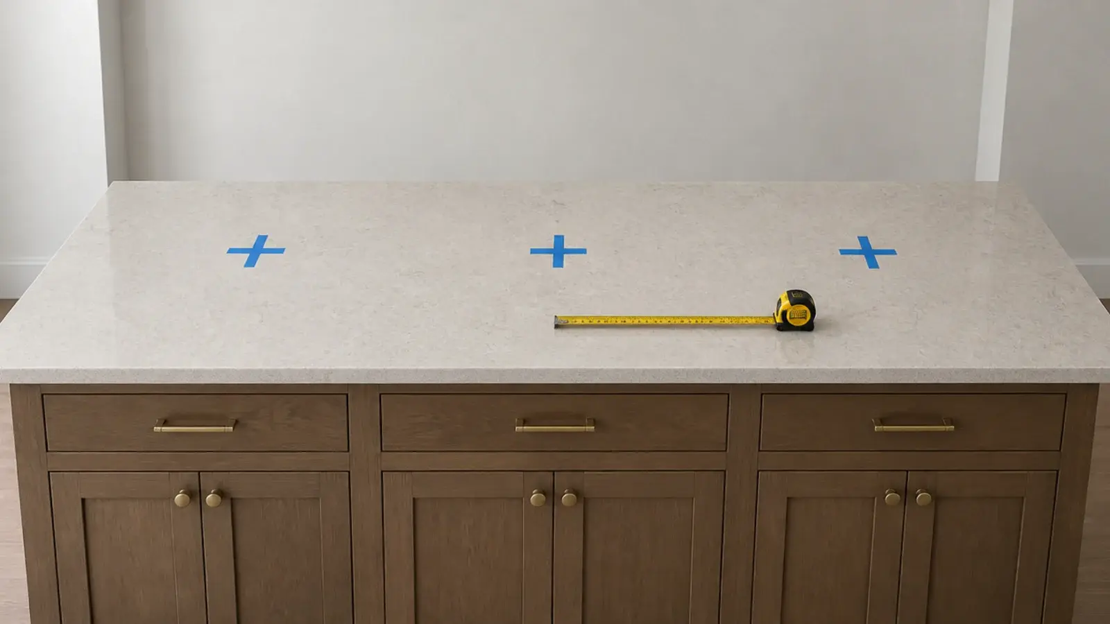 painters tape crosses marking pendant positions on a counter top
