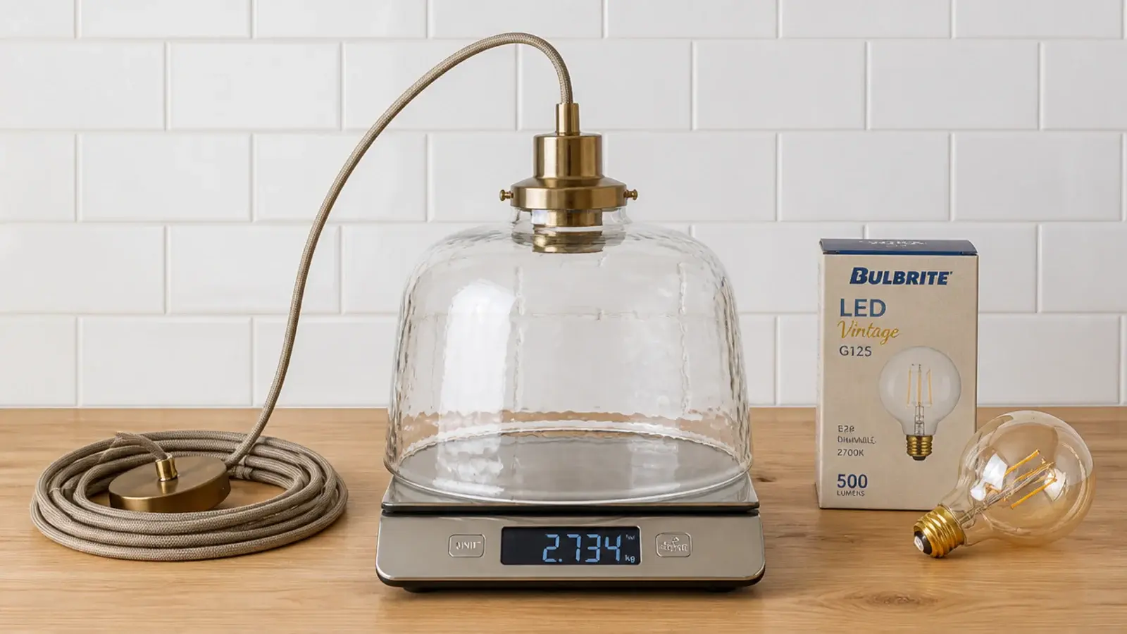 pendant shade resting on a kitchen scale before being hung