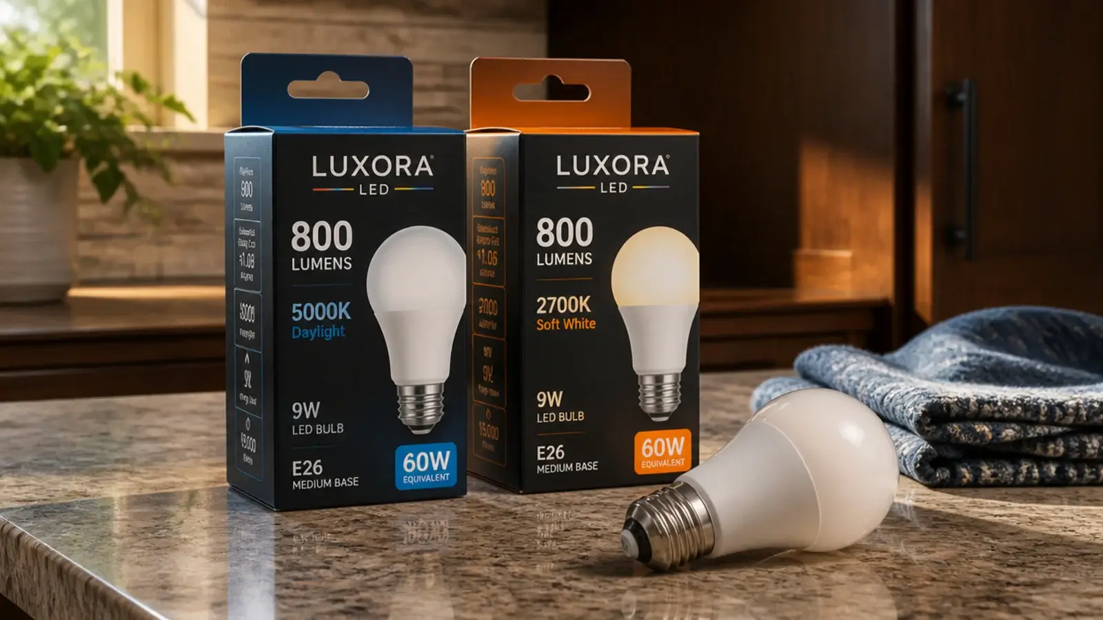 bulb boxes showing lumen and kelvin figures on a counter