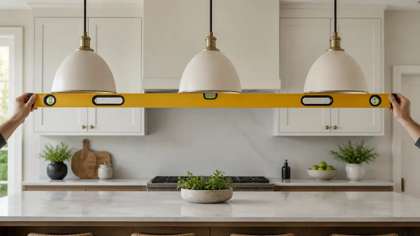 spirit level laid across the bottom rims of three hung pendants