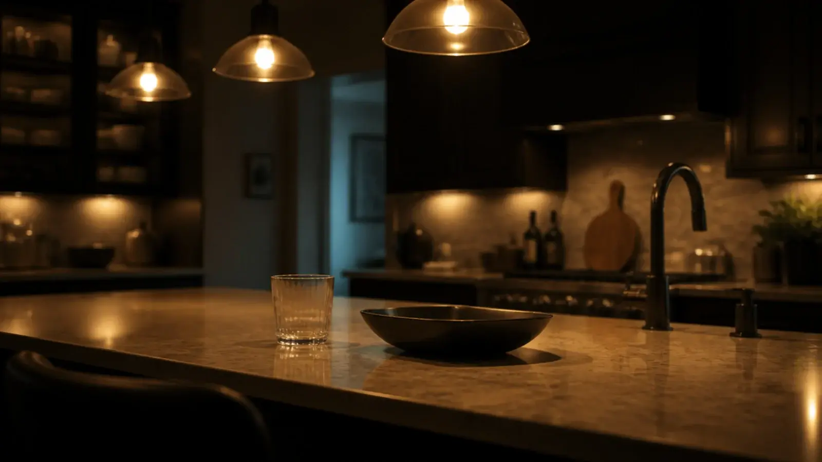 evening view from a stool under finished island pendants