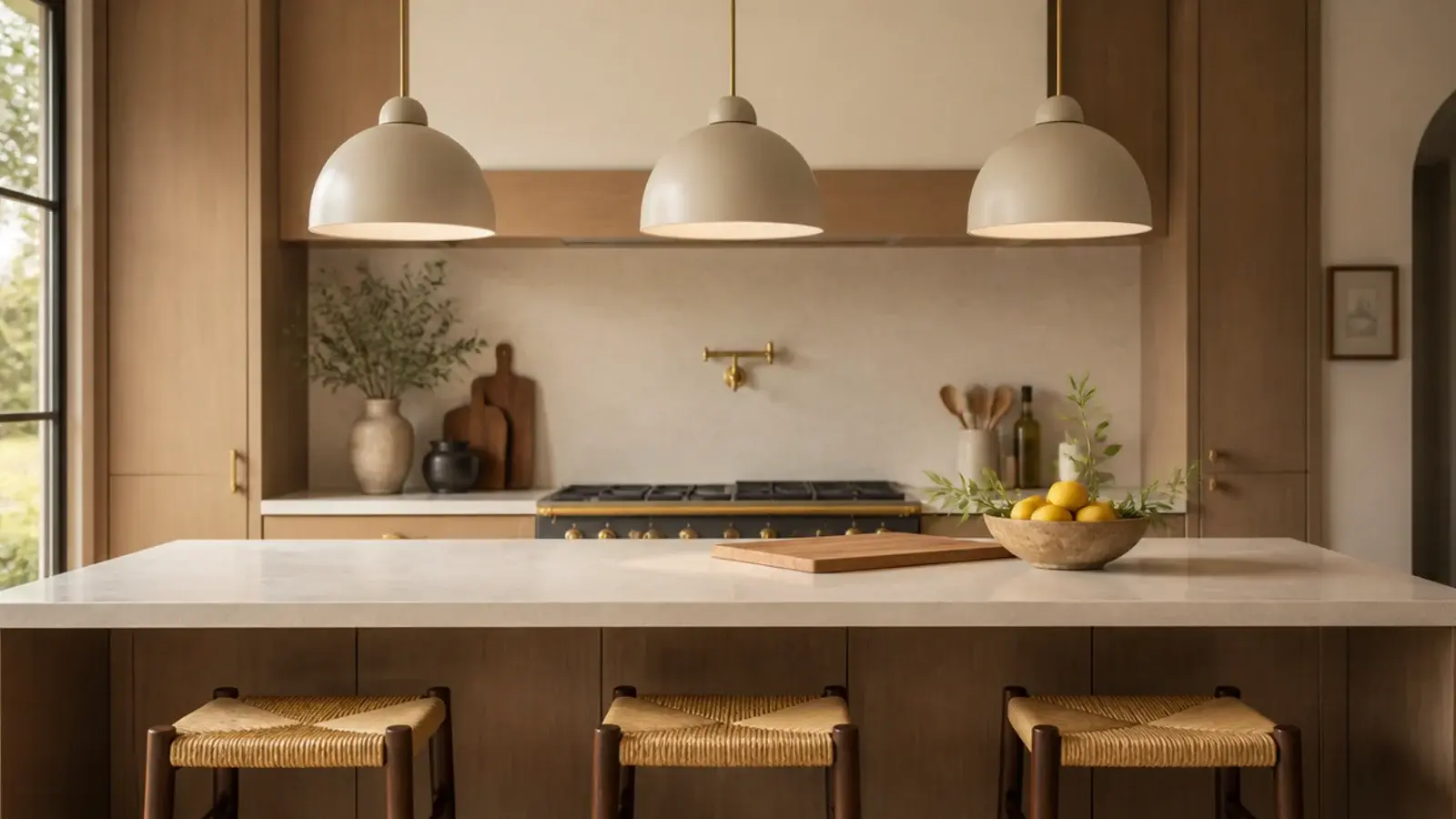 three hanging lights spaced evenly over a long kitchen island counter