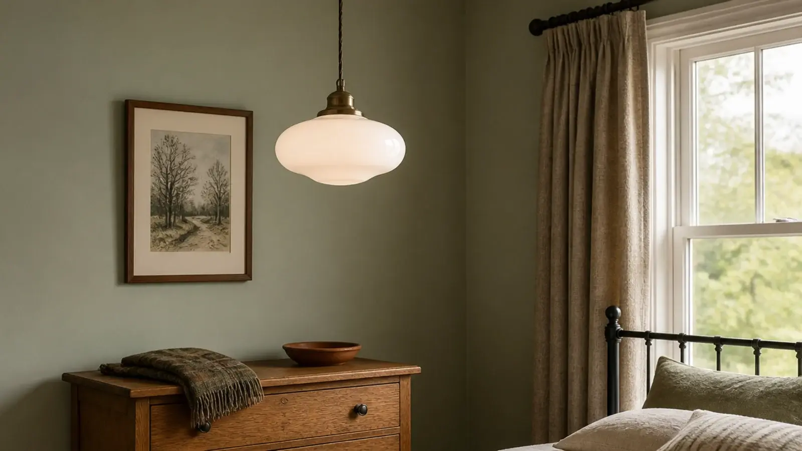 ten inch opal shade hanging comfortably in a compact bedroom