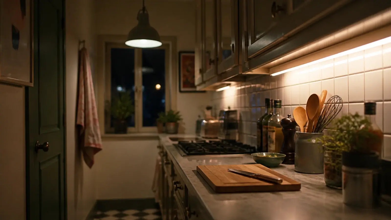 single pendant lighting the working end of a galley kitchen