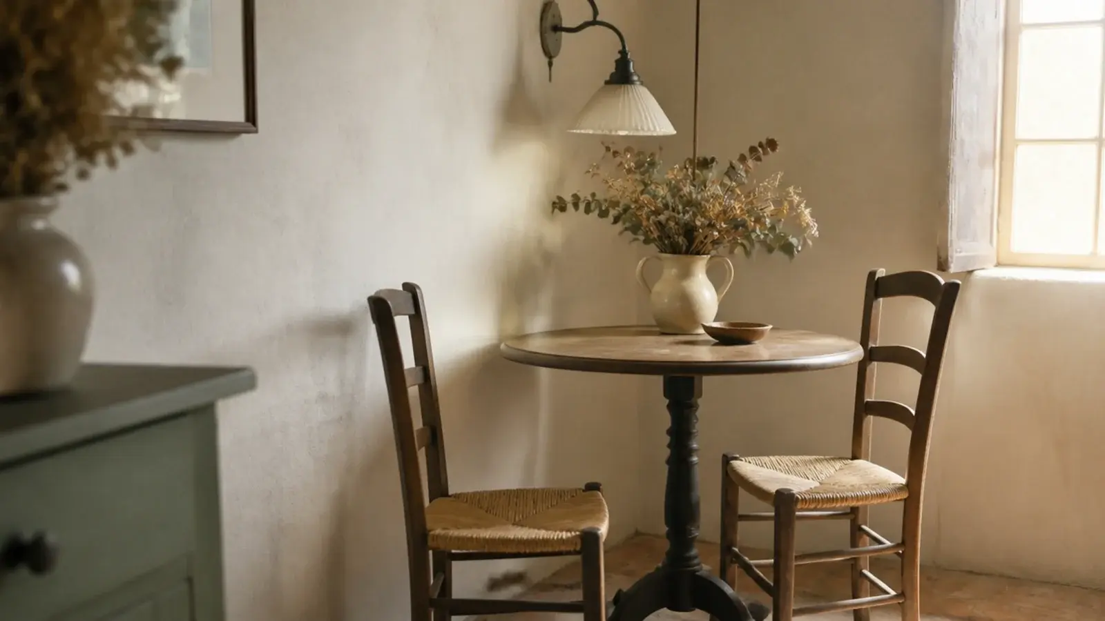 pendant hung over a bistro table tucked into a room corner