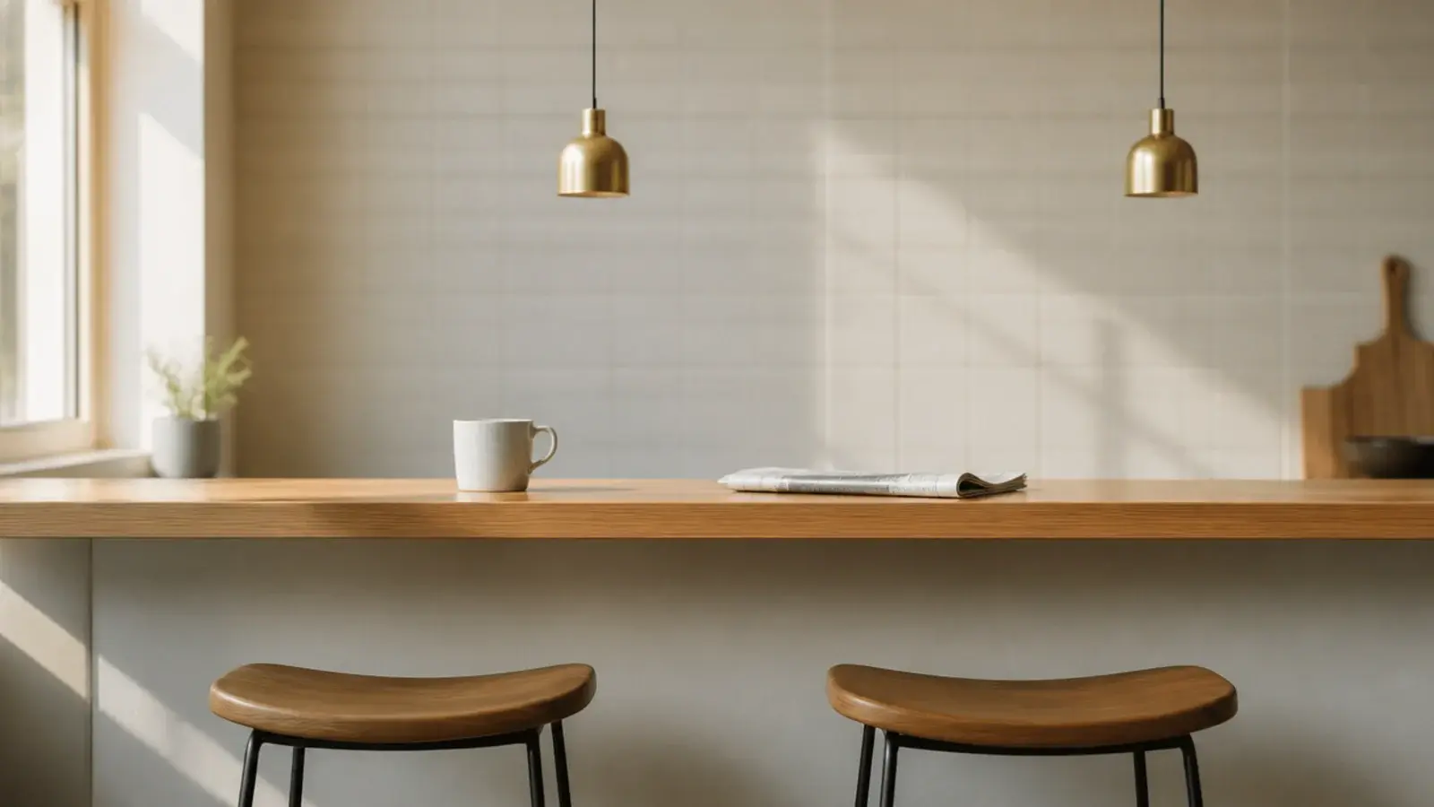 two tiny pendants above a very short breakfast bar counter