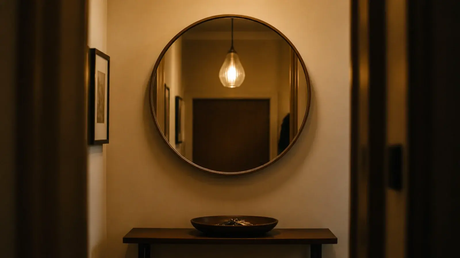 pendant reflected in a wall mirror in a dim small room