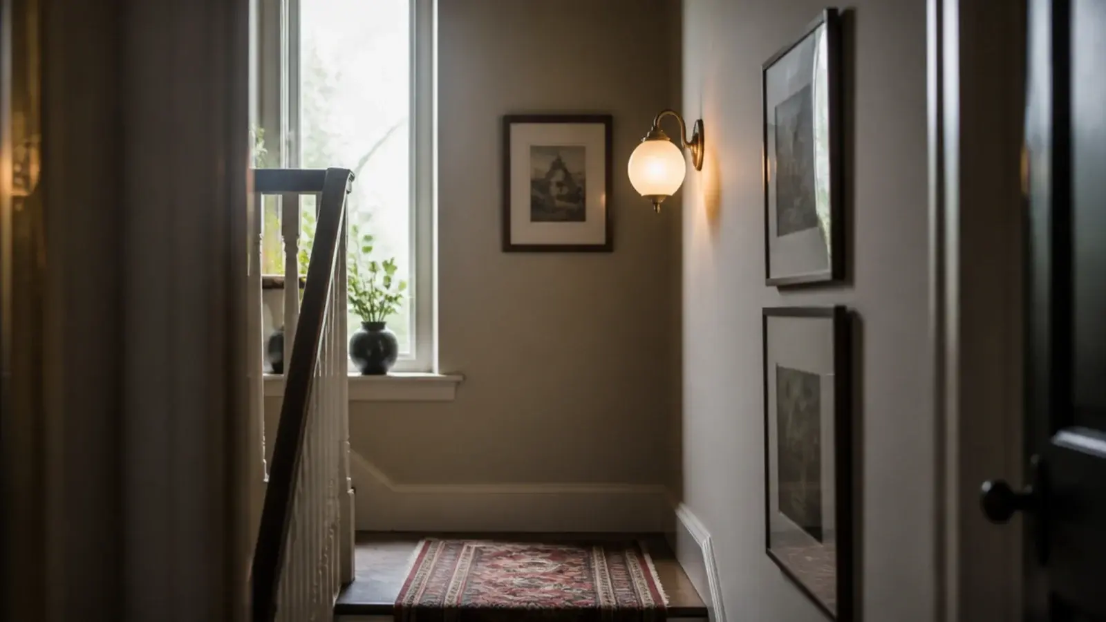 compact shade hung tight to the wall of a small landing
