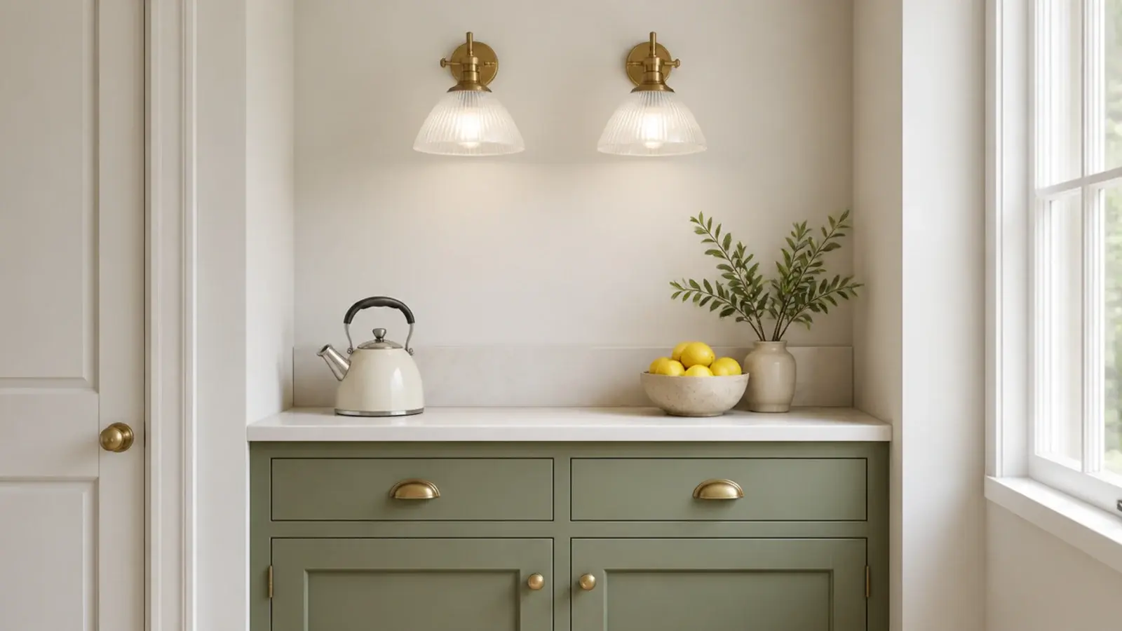 two small shades spaced tightly above a short kitchen counter
