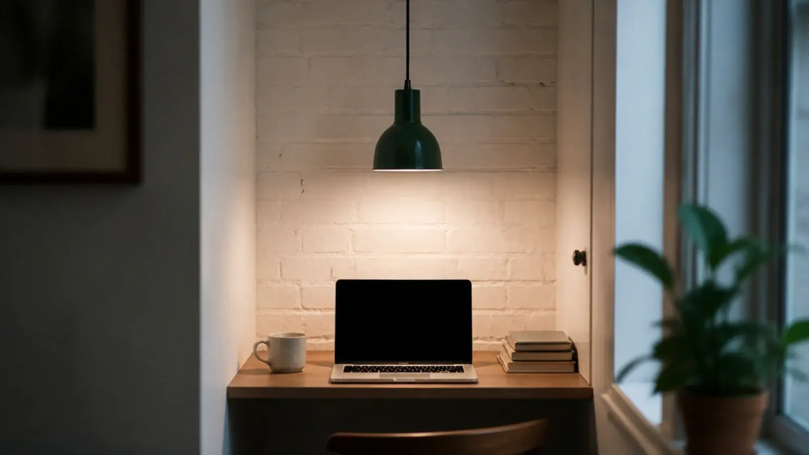 small pendant lighting a narrow desk squeezed into an alcove