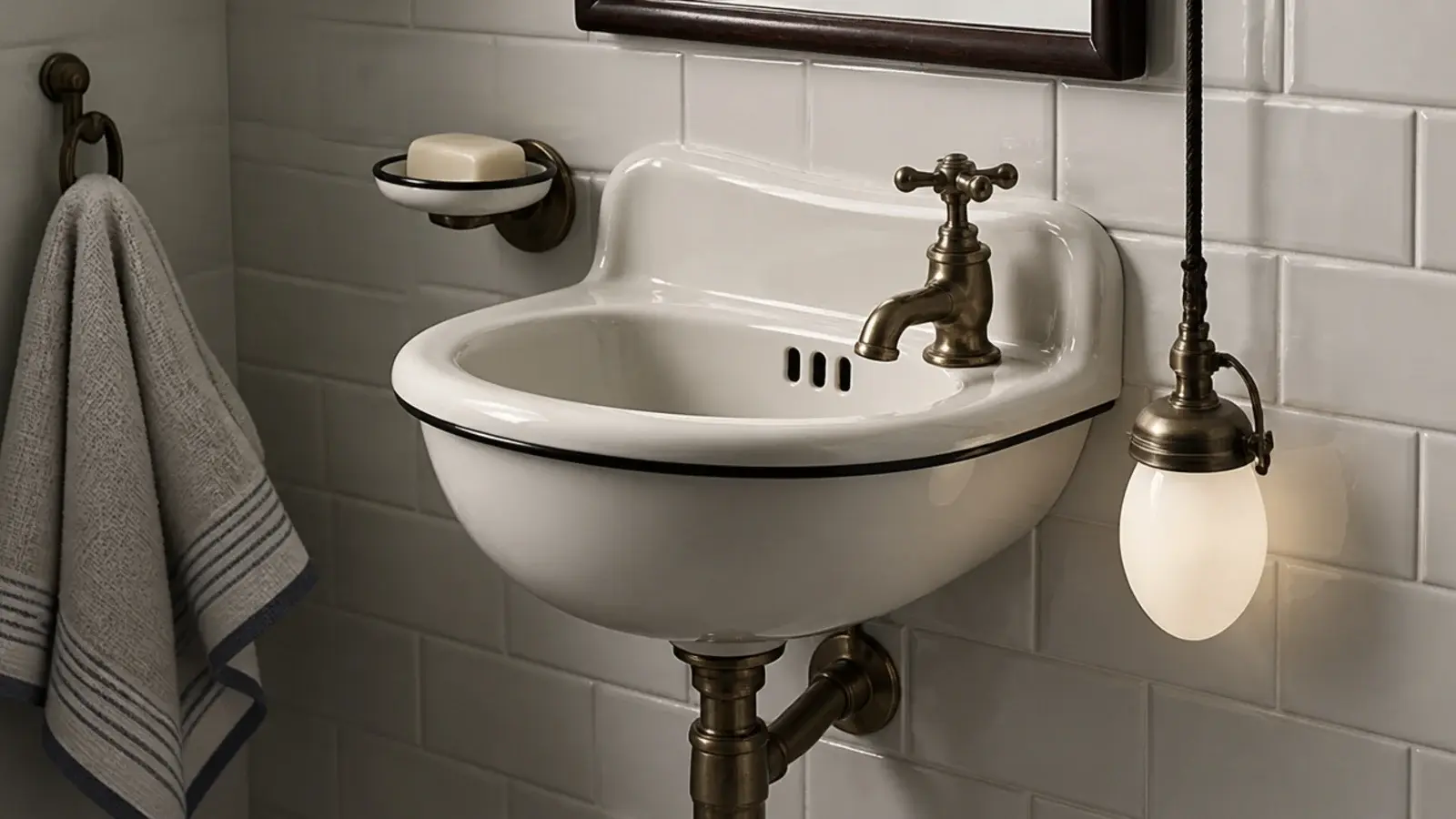 sealed glass pendant hanging safely to one side of a basin