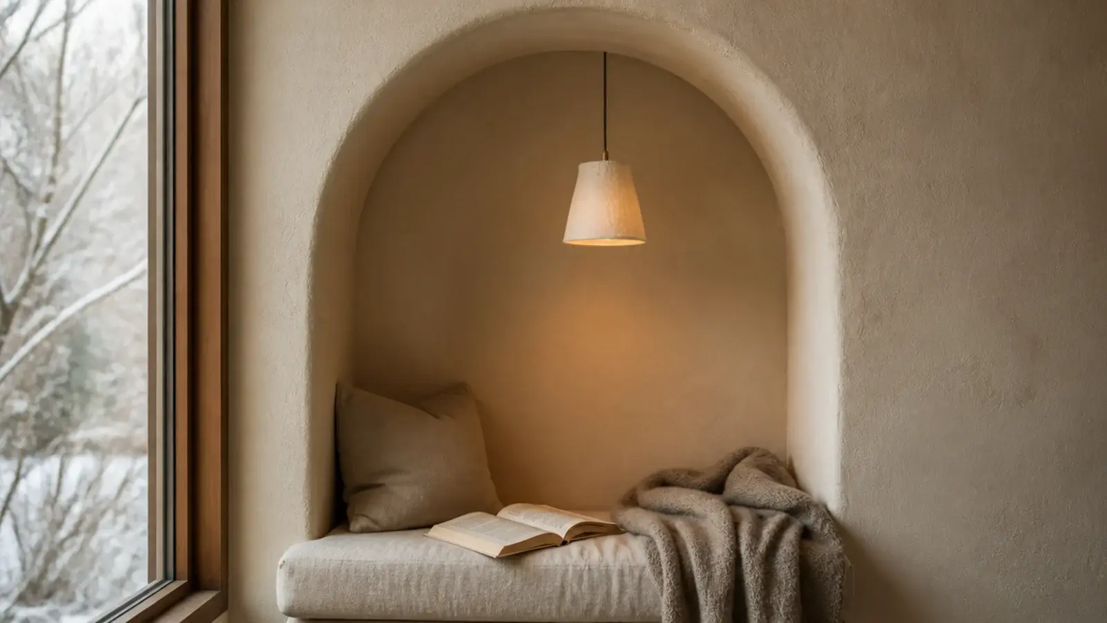 shade hanging inside a shallow alcove above a reading seat