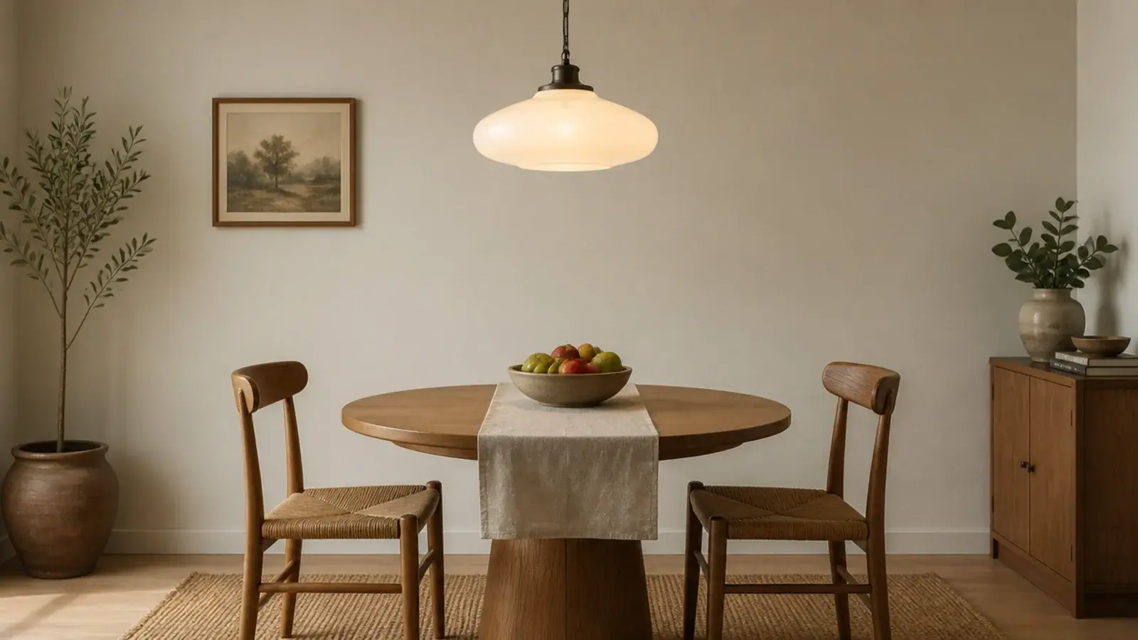 sixteen inch shade centred above a small round dining table