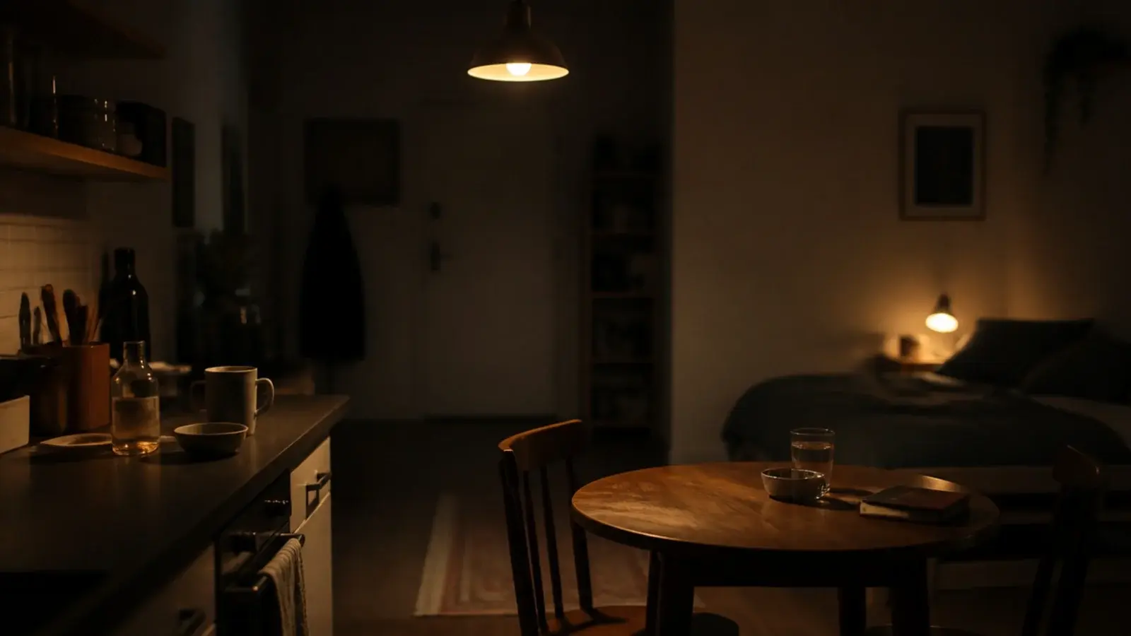 single pendant dimmed low in a one room studio apartment