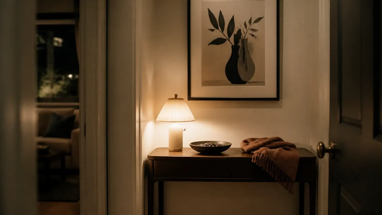 small shade lighting a shallow console in a narrow hall